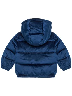 Piumino in velluto imbottito con cappuccio blu