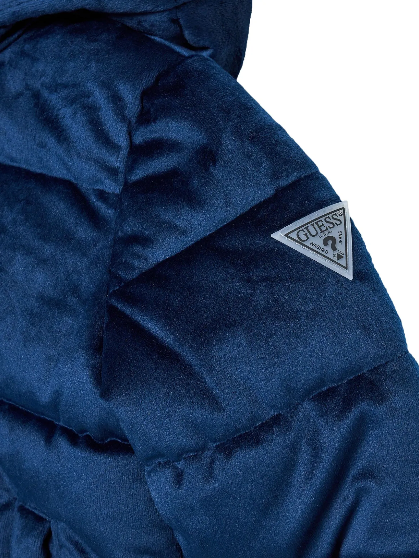 Piumino in velluto imbottito con cappuccio blu