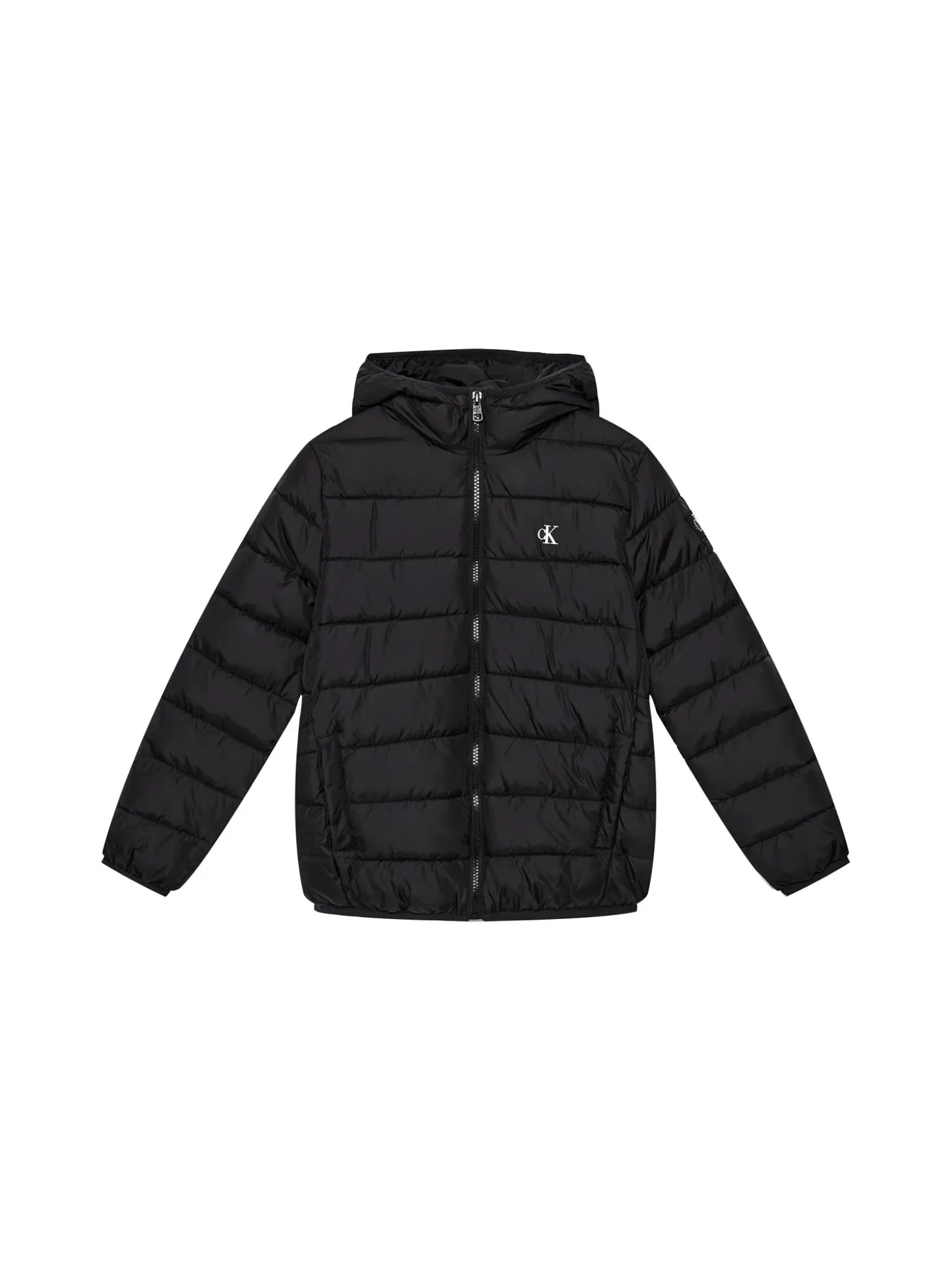 Piumino kids con cappuccio e logo nero