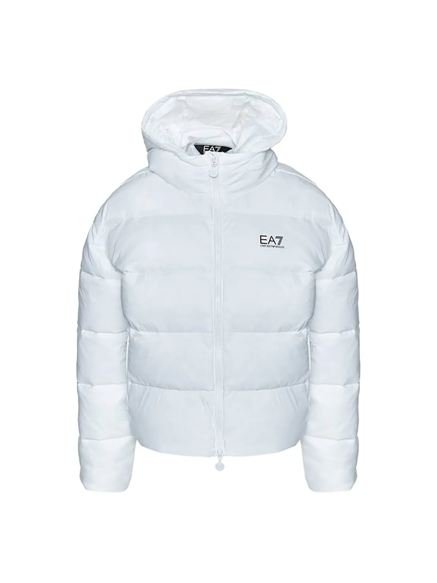 Piumino nylon con zip e cappuccio e logo sul petto bianco