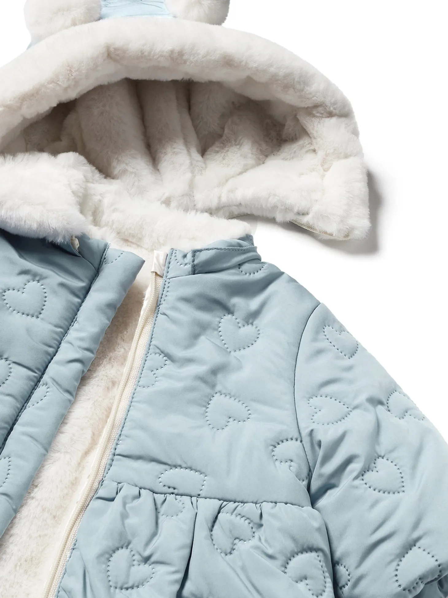 Piumino zip cappuccio reversibile celeste/bianco