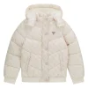 Piumino zip con cappuccio fantasia logo crema