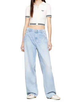 Polo crop Slim fit a coste con logo script ricamato crema