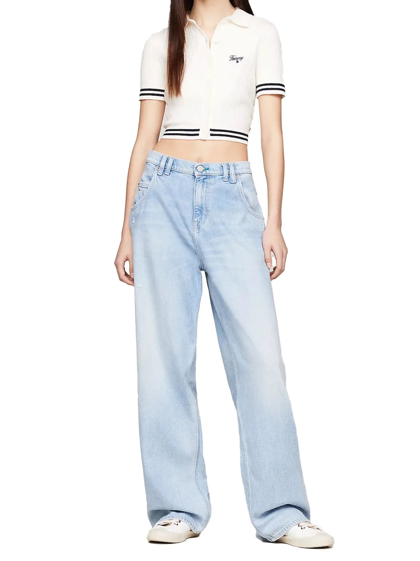 Polo crop Slim fit a coste con logo script ricamato crema