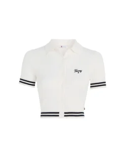 Polo crop Slim fit a coste con logo script ricamato crema