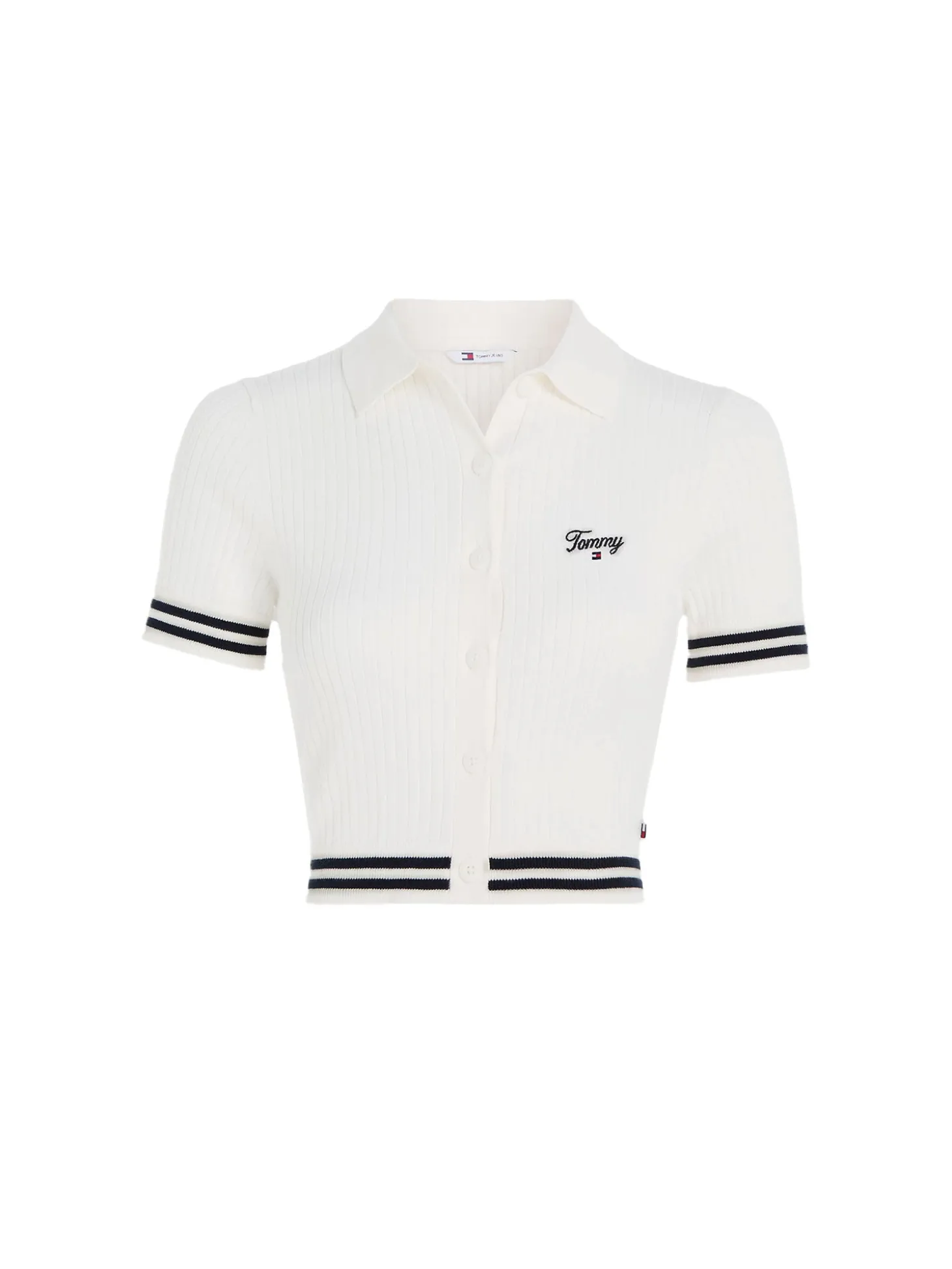 Polo crop Slim fit a coste con logo script ricamato crema