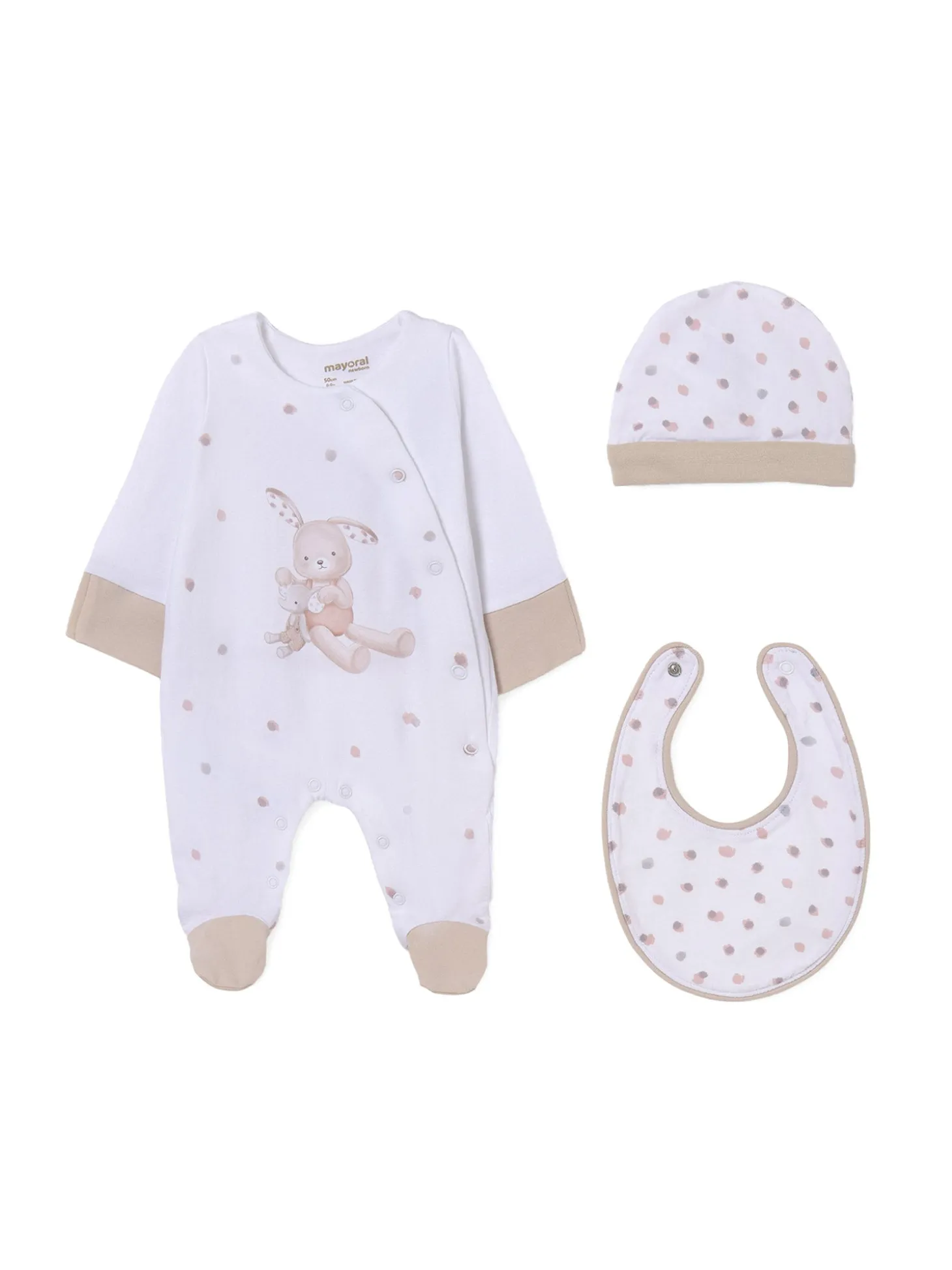 Set 3 pezzi tutina cappello e bavetta beige