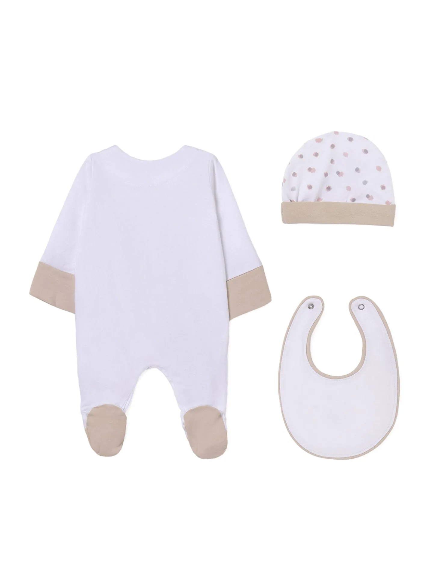 Set 3 pezzi tutina cappello e bavetta beige