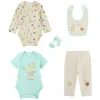 Set nascita (2 body, pantaloni, bavaglino e calze) azzurro/panna
