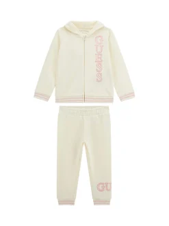 Set tuta felpa zip con cappuccio e jogger con logo paillettes bianco