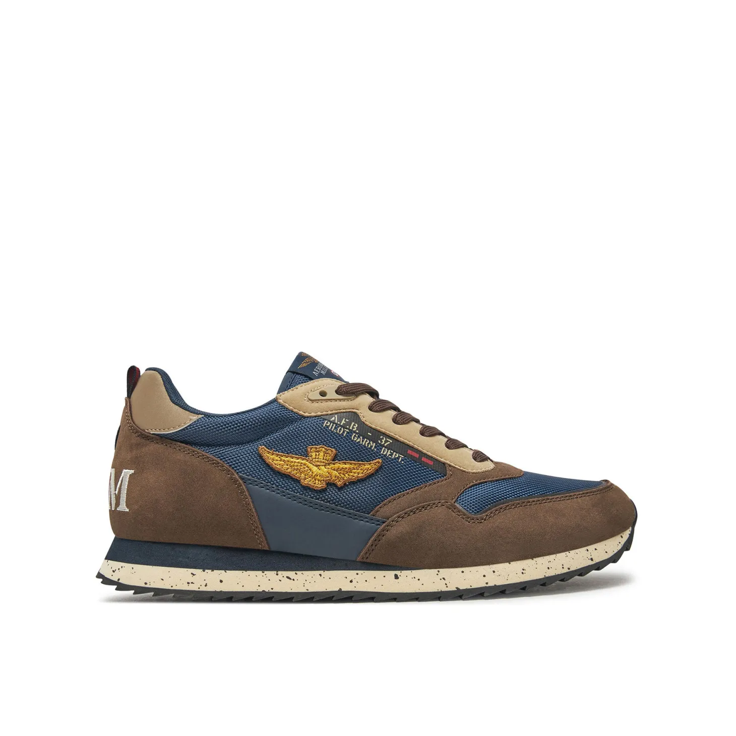 Sneakers ecopelle e mesh con aquila turrita e ricamo posteriore moro/b