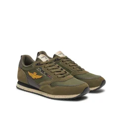 Sneakers ecopelle e mesh con aquila turrita e ricamo posteriore verde