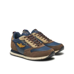 Sneakers ecopelle e mesh con aquila turrita e ricamo posteriore moro/b