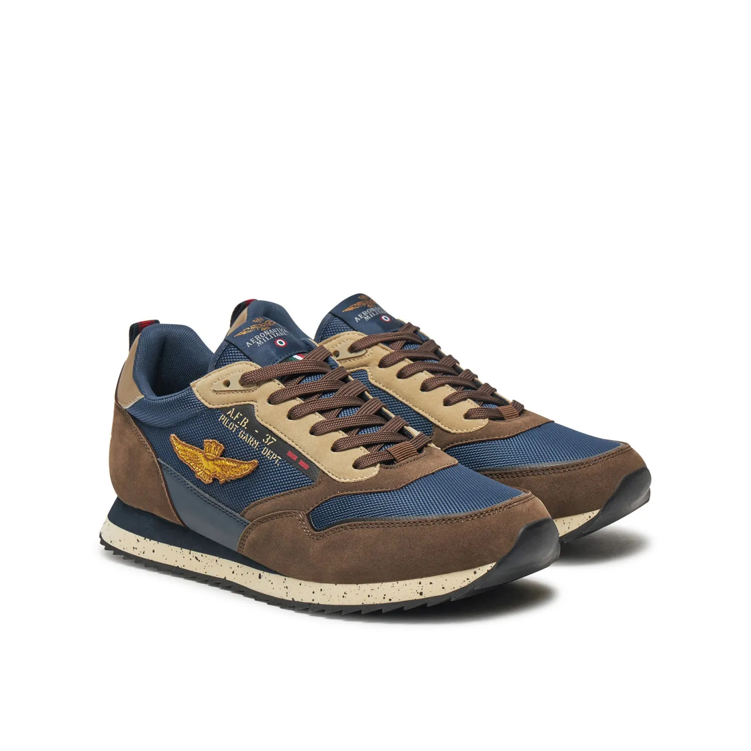 Sneakers ecopelle e mesh con aquila turrita e ricamo posteriore moro/b