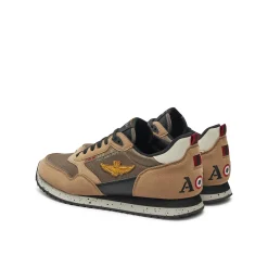 Sneakers ecopelle e mesh con aquila turrita e ricamo posteriore beige/