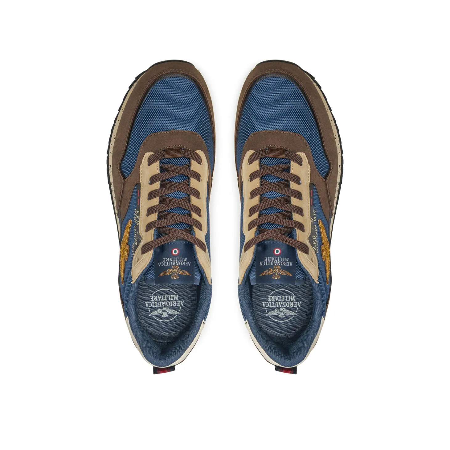 Sneakers ecopelle e mesh con aquila turrita e ricamo posteriore moro/b