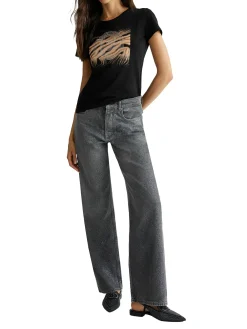 T- shirt manica corta con strass zebrato nero