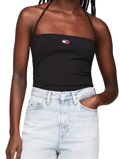 Top a fascia con spallina slim con badge logo centrale nero