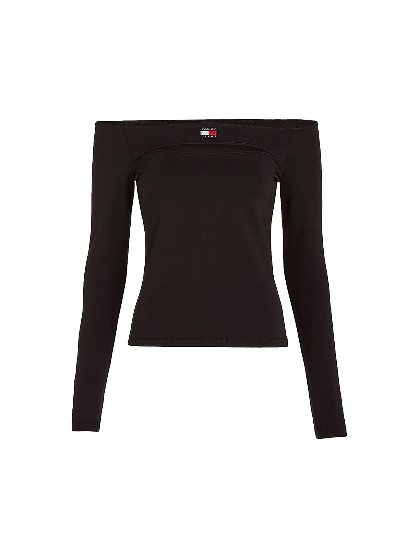 Top con spalle scoperte e distintivo nero