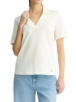 T-shirt con colletto a polo e strass bianco