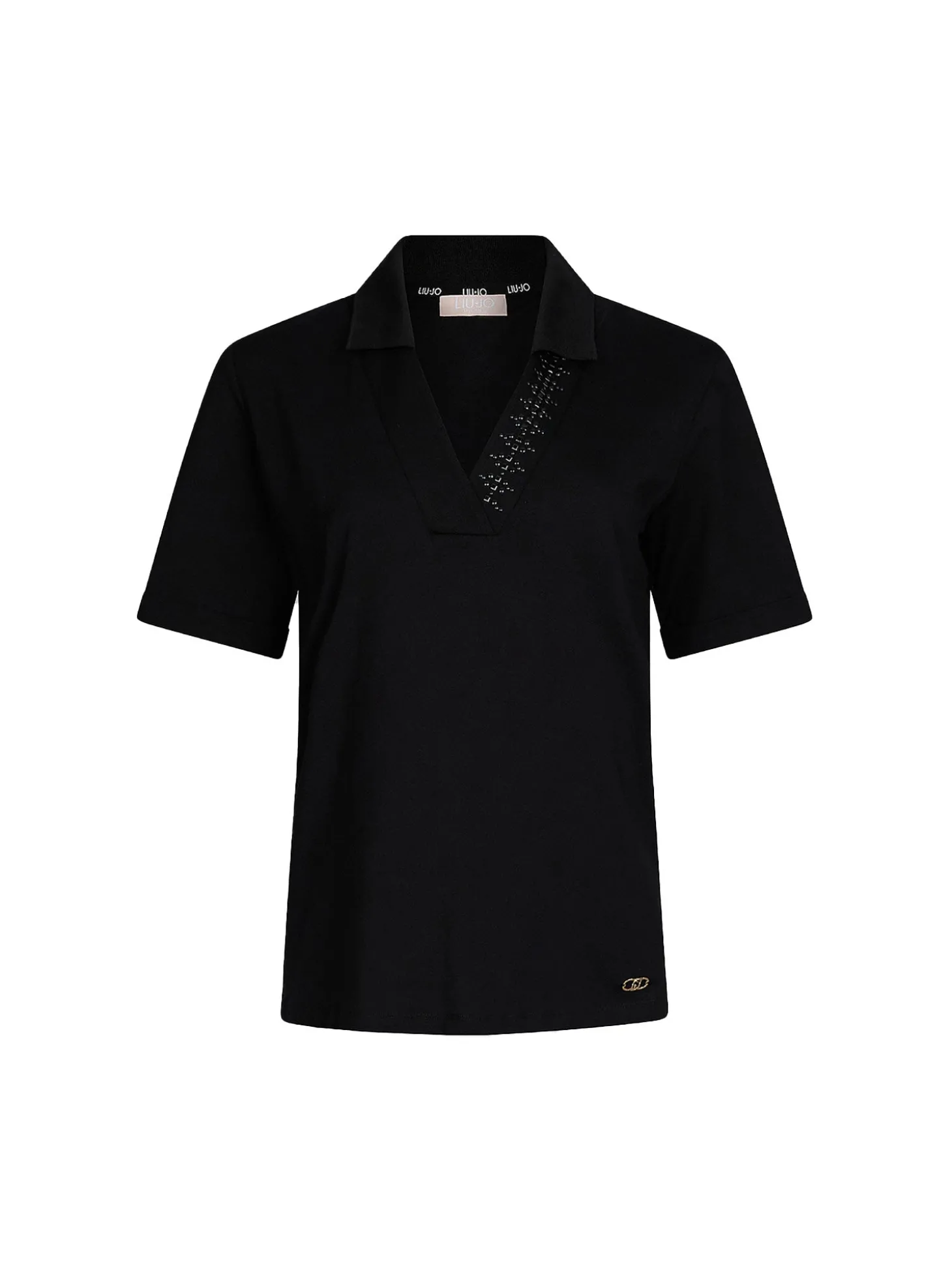 T-shirt con colletto a polo e strass nero