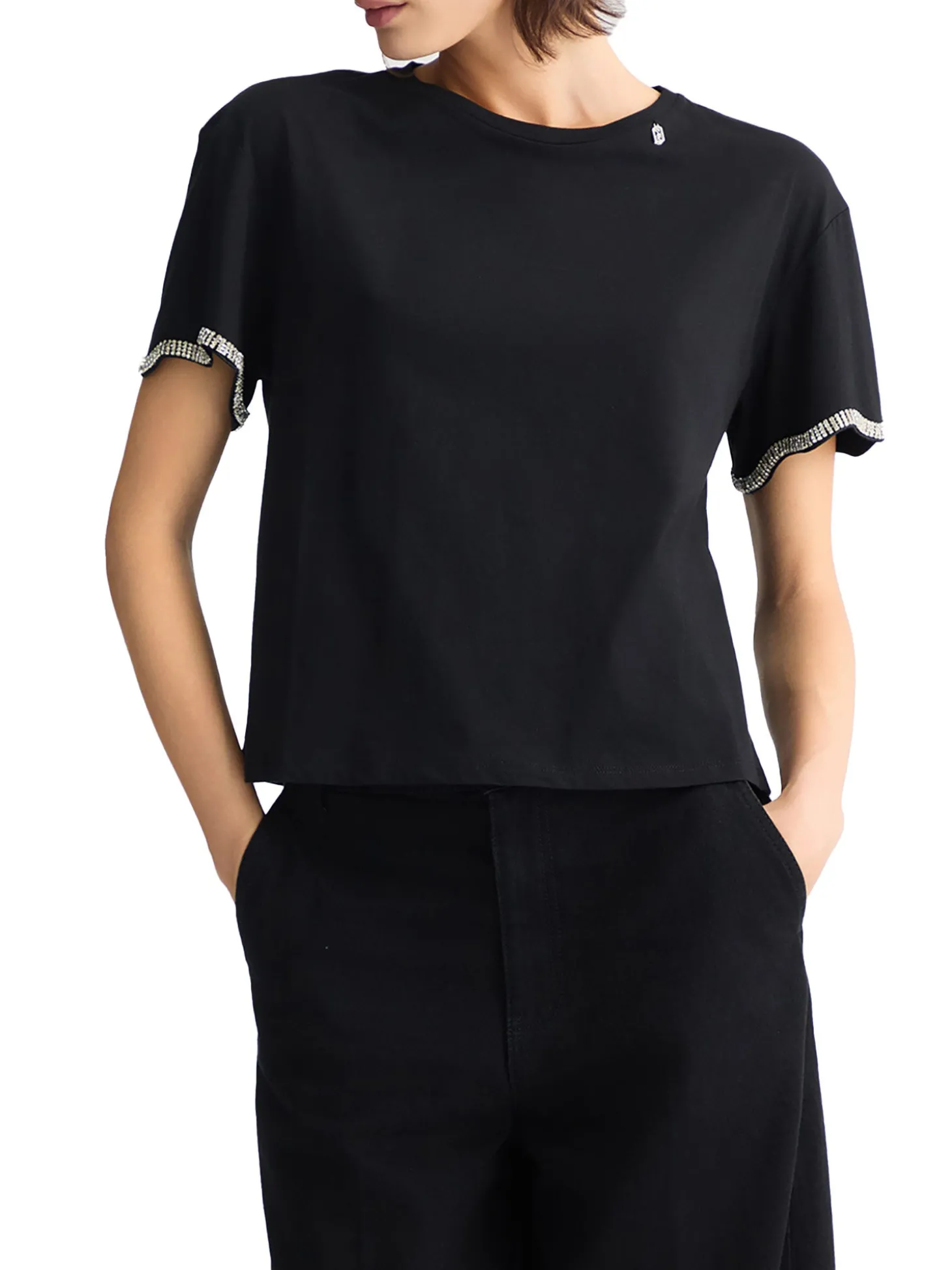 T-shirt con maniche con strass nero