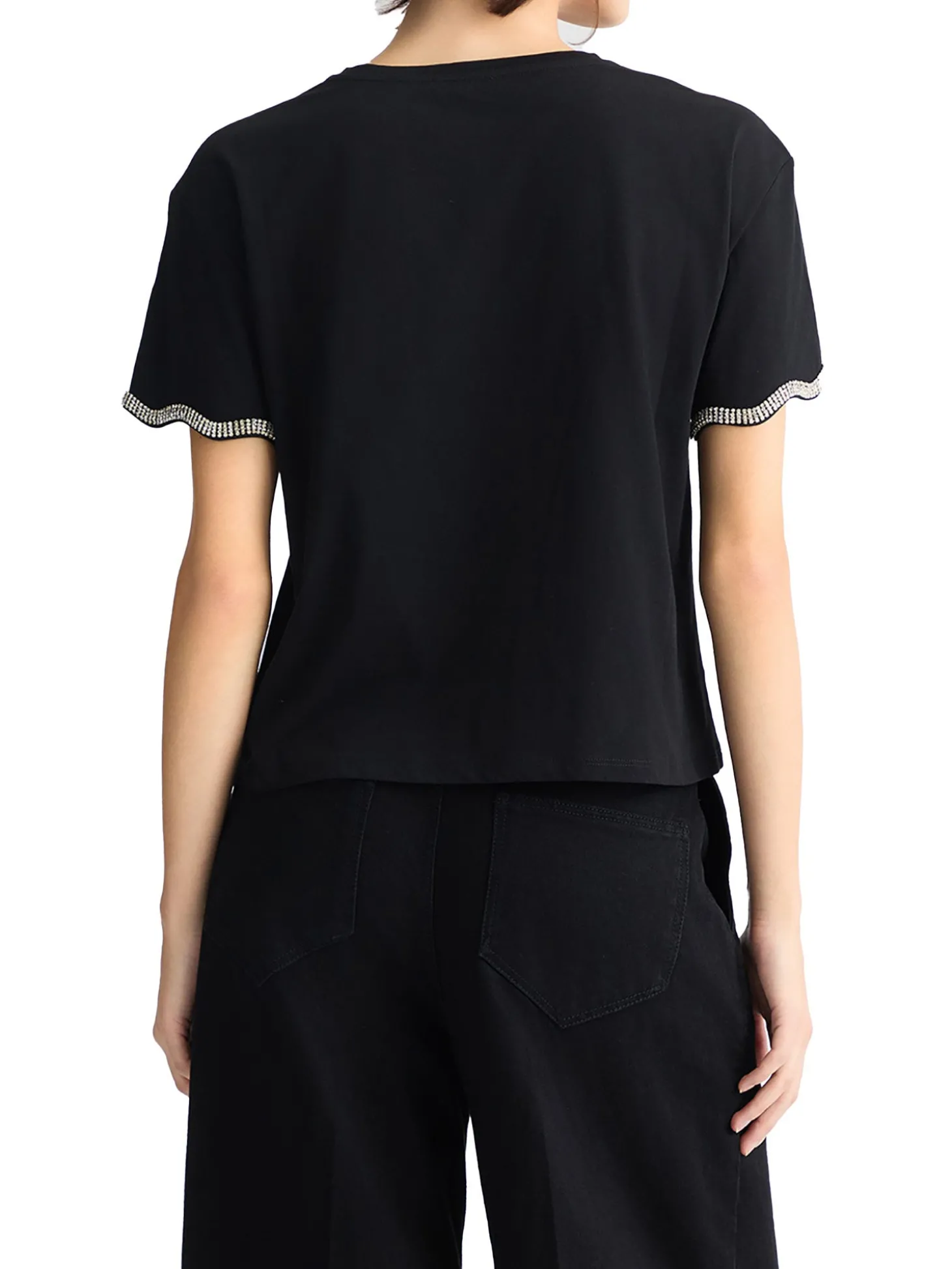 T-shirt con maniche con strass nero