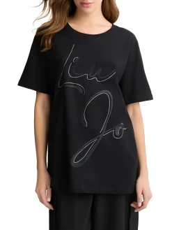 T-shirt con maxi logo in strass sul petto nero