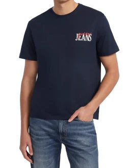 T-shirt con mix di loghi sul petto blu