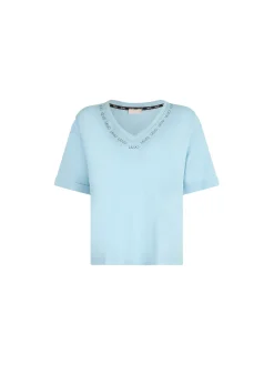 T-shirt con scollo a v e logo con strass celeste