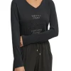 T-shirt con scritte e logo in strass nero