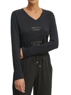 T-shirt con scritte e logo in strass nero