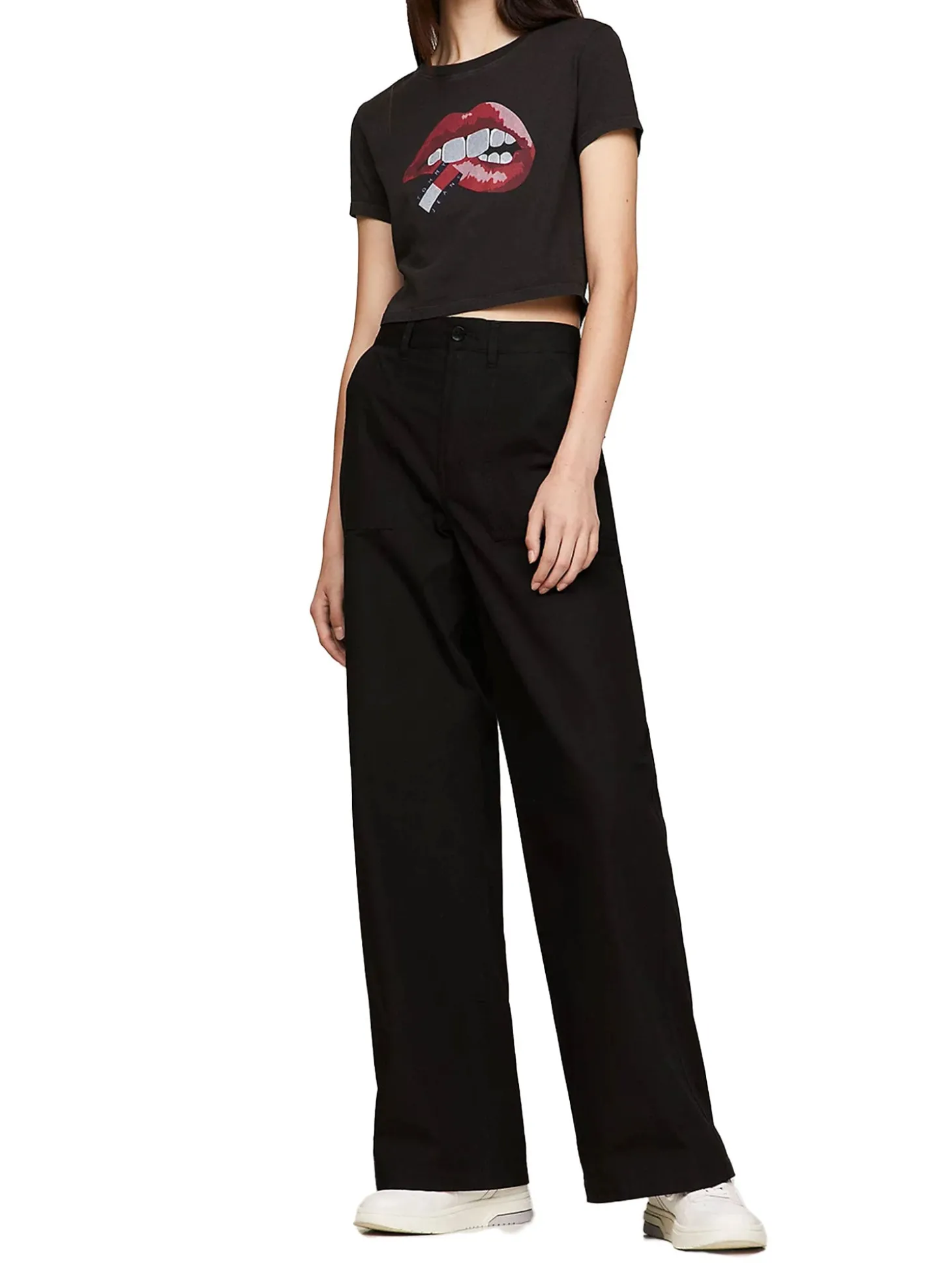 T-shirt in jersey di cotone washed Slim fit crop con stampa labbra ner
