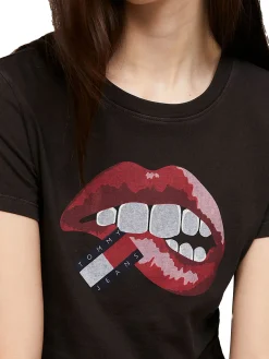 T-shirt in jersey di cotone washed Slim fit crop con stampa labbra ner