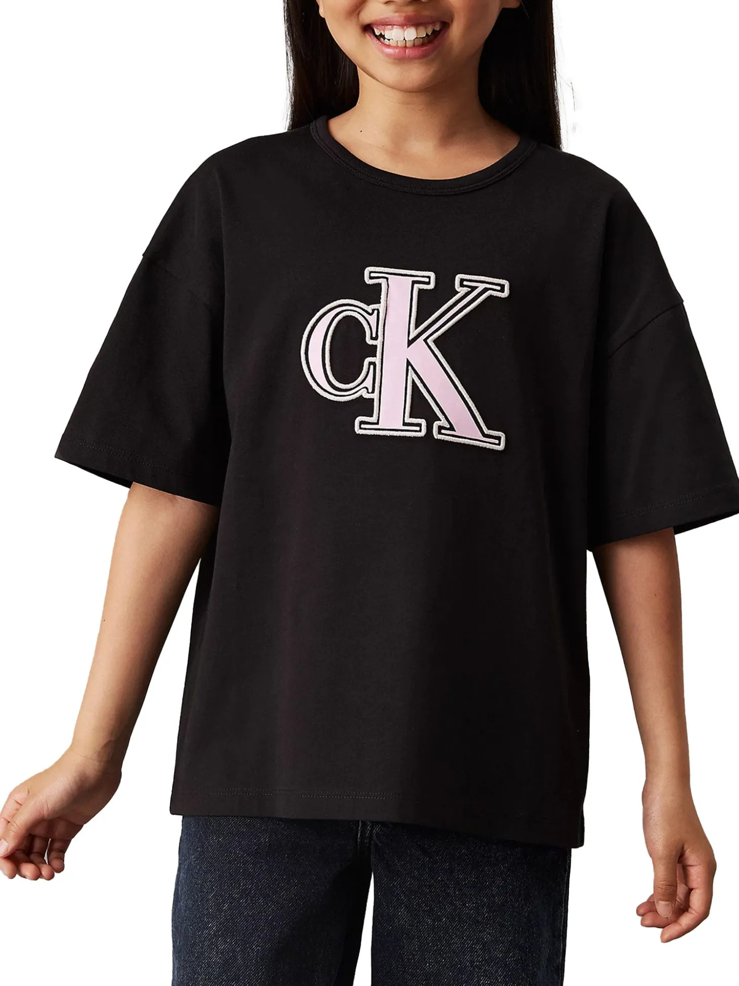 T-shirt kids logo monogram flock boxy nero