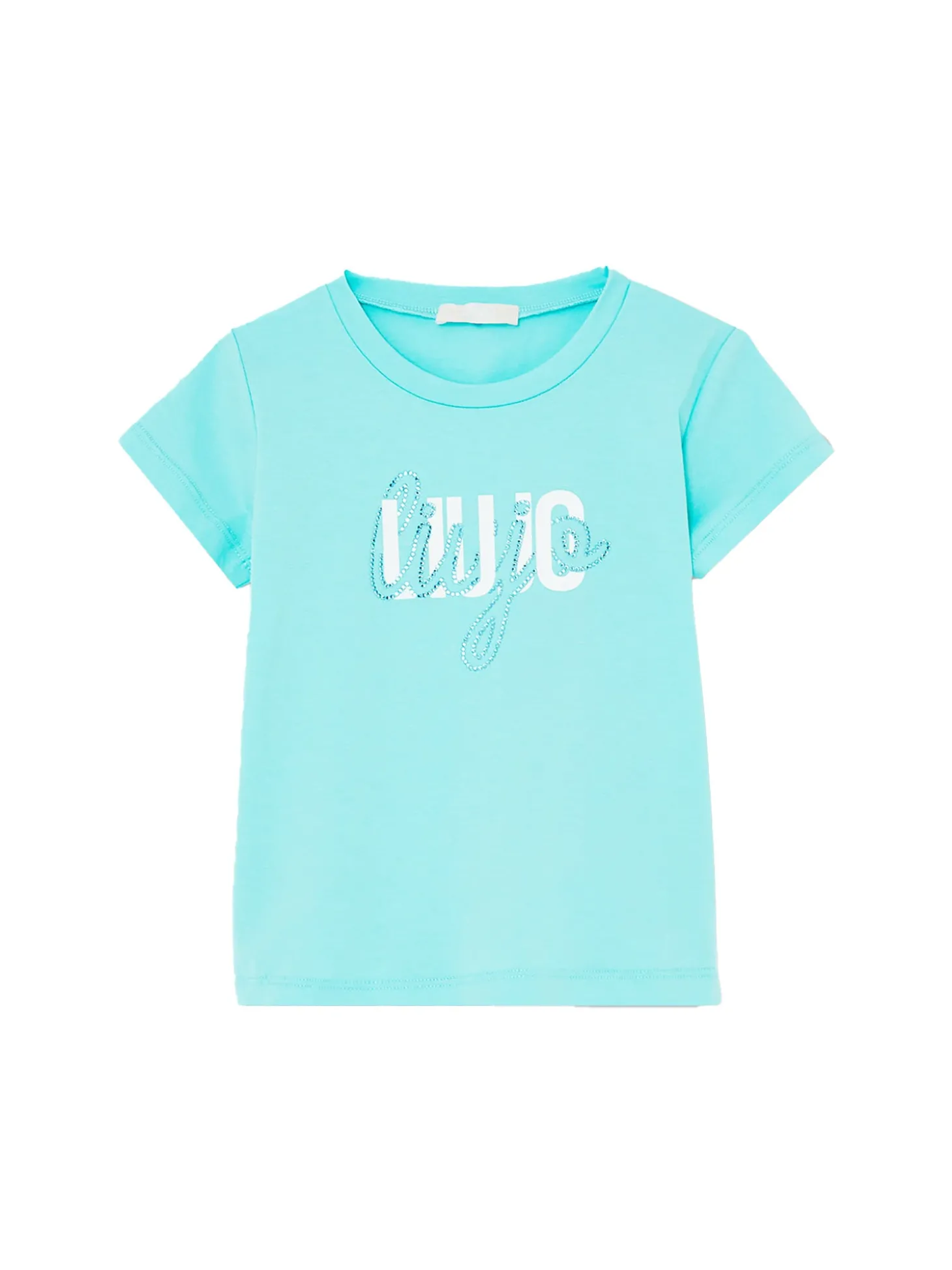 T-shirt logo frontale strass celeste