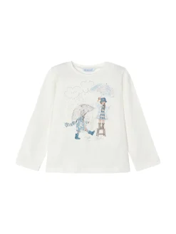 T-shirt manica lunga stampa rain panna/azzurro