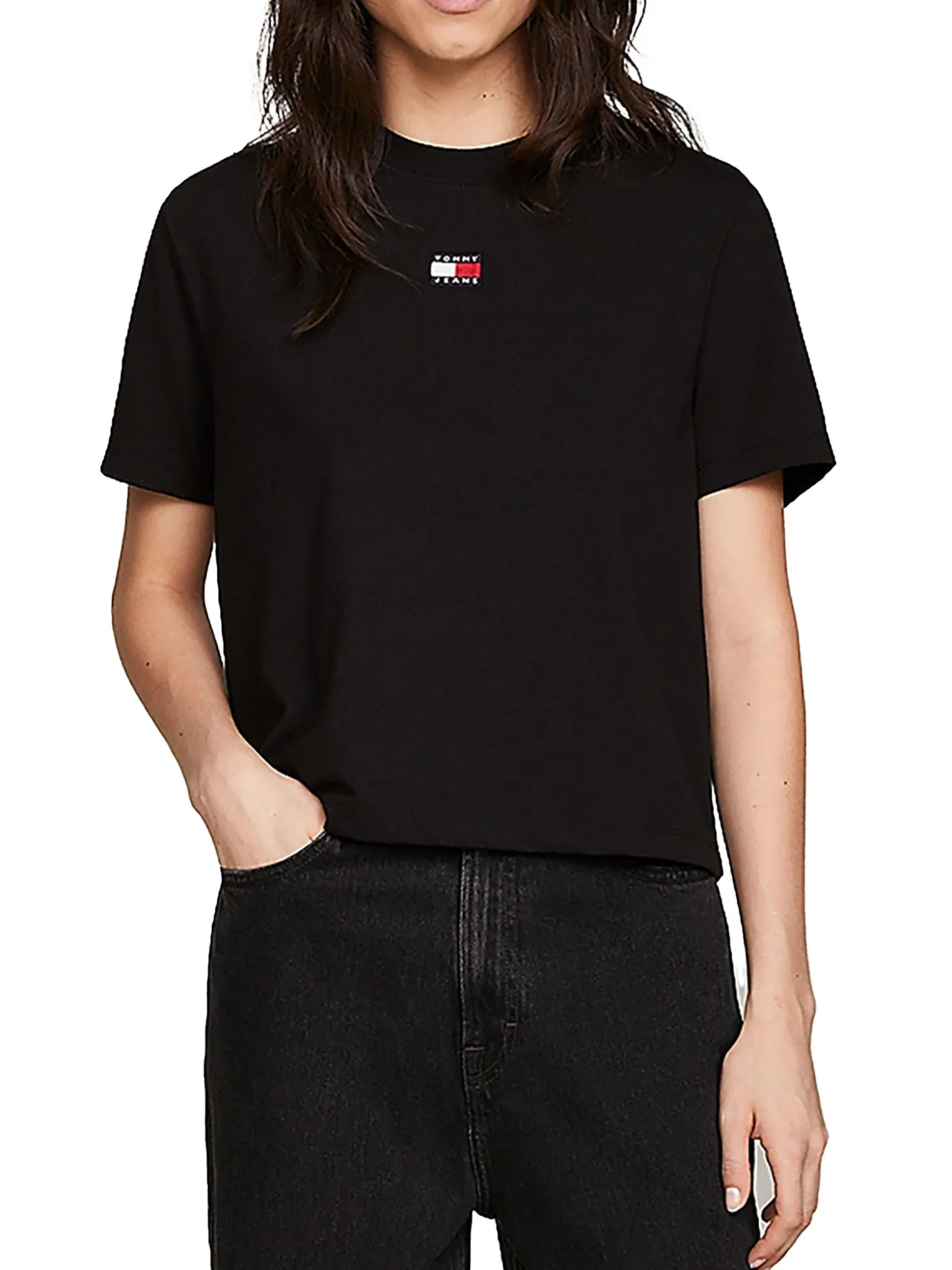 T-shirt squadrata con distintivo nera